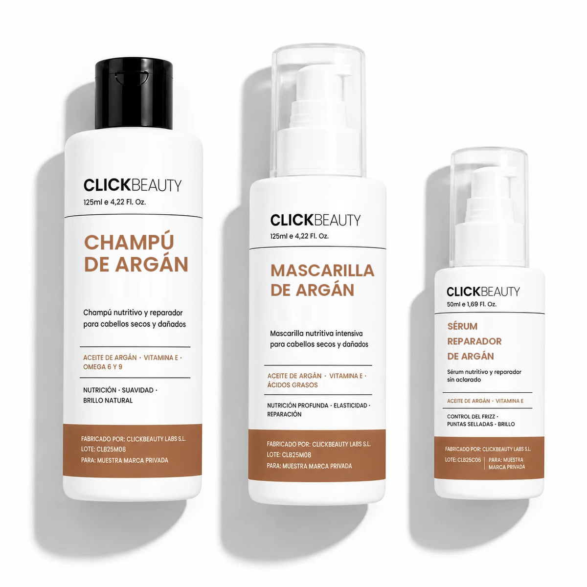 Kit Argán & Brillo: Champú de Argán, Mascarilla de Argán y Sérum Reparador de Argán
